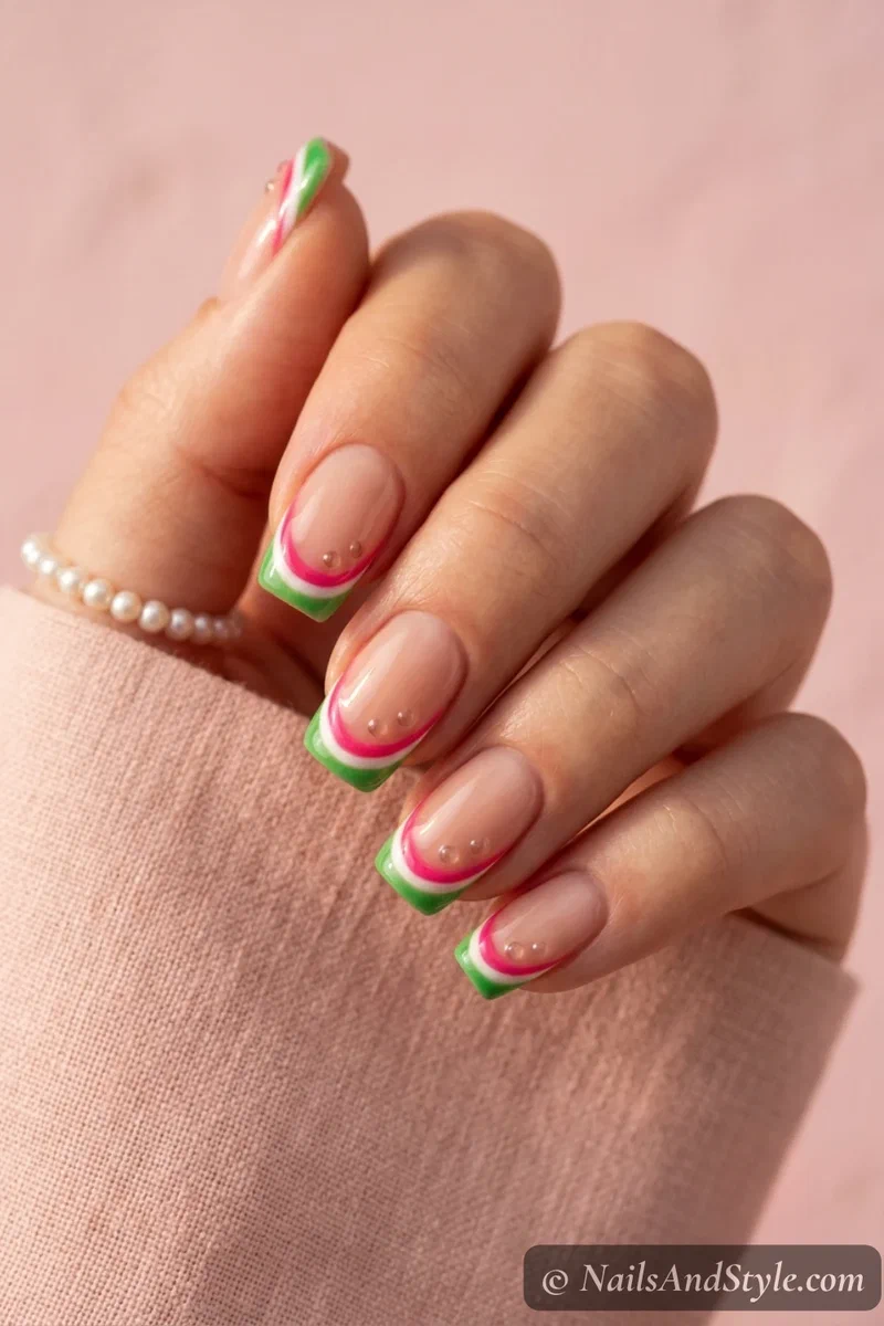 Watermelon French tip nails with a sheer nude base and raised domed seeds along a pink and green smile line on medium squoval nails