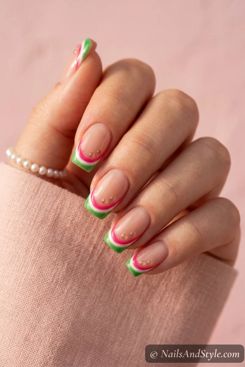 Watermelon French tip nails with a sheer nude base and raised domed seeds along a pink and green smile line on medium squoval nails