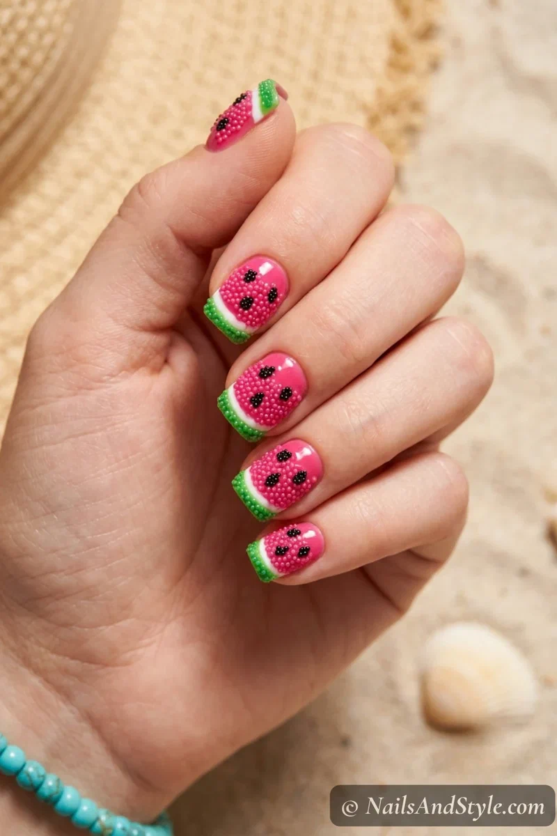 Watermelon nails with clusters of tiny black caviar bead seeds on a pink base with green tip on short square nails