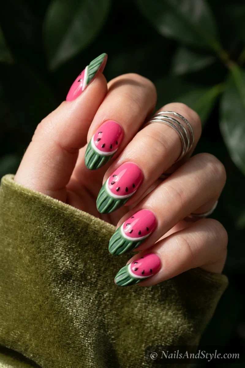 Watermelon nails with raised embossed dark green rind stripes standing off a glossy pink base on medium almond nails