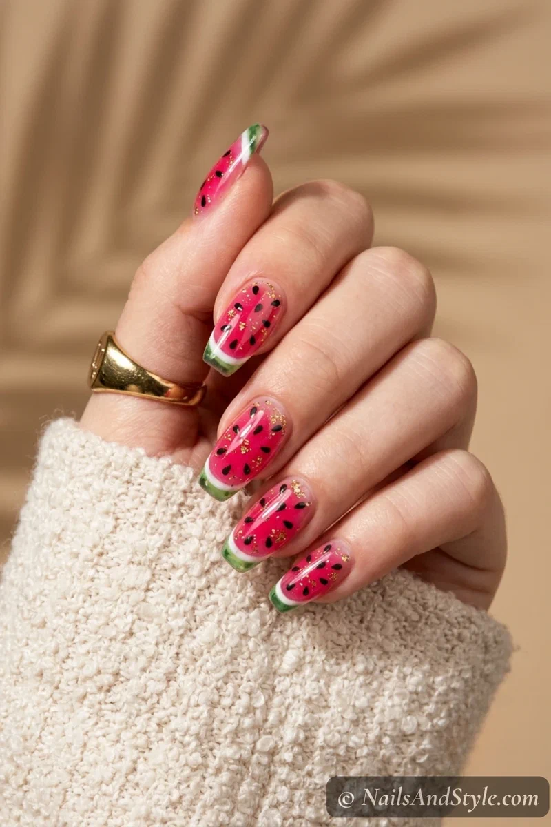Encapsulated watermelon nails with black seeds and gold flakes suspended under a thick clear gel layer over pink on medium coffin nails