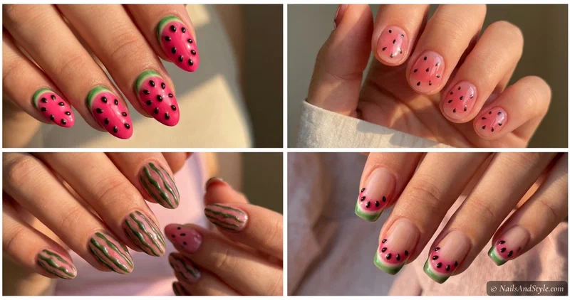 Collage of 3D watermelon nail designs including raised seeds, jelly dome slices, embossed rind texture, and 3D French tips