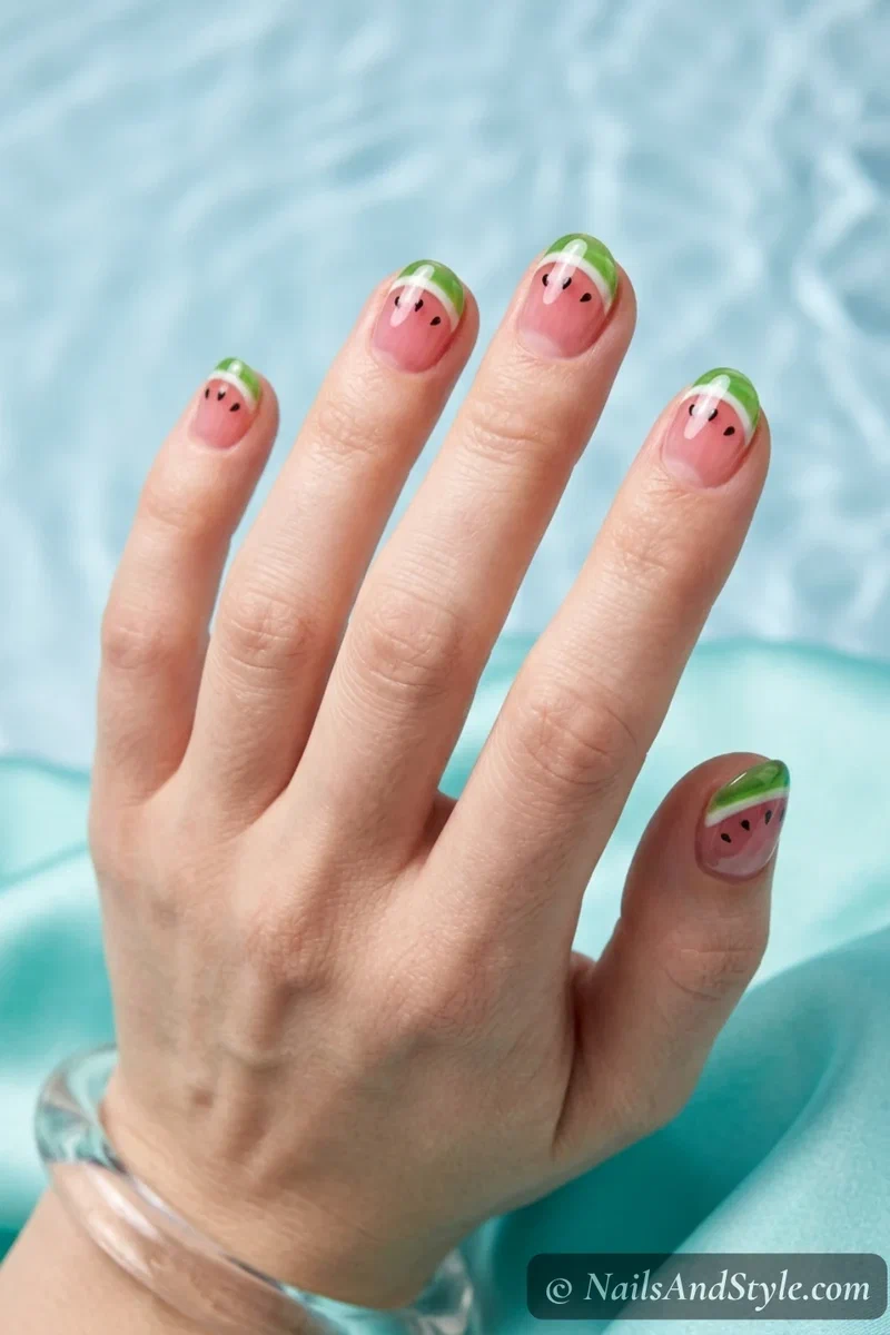 Translucent jelly pink watermelon nails with a raised glassy clear dome over each nail and tiny seeds on short round nails