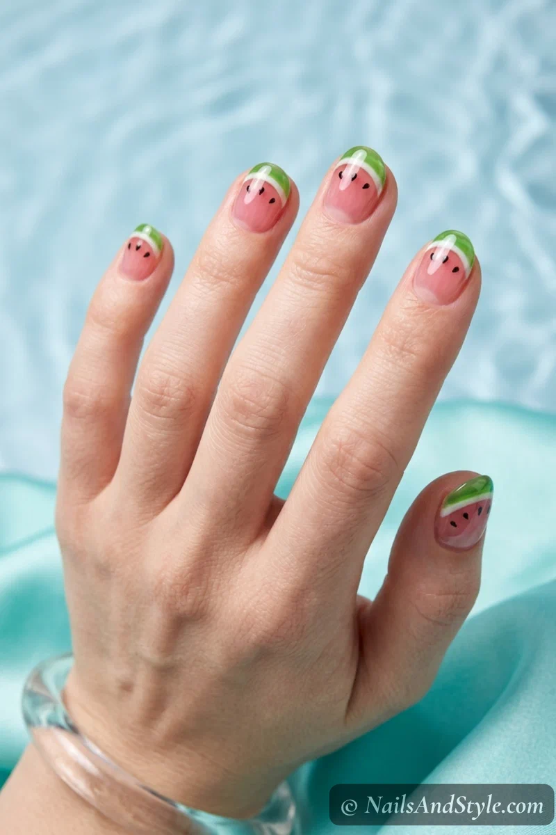 Translucent jelly pink watermelon nails with a raised glassy clear dome over each nail and tiny seeds on short round nails