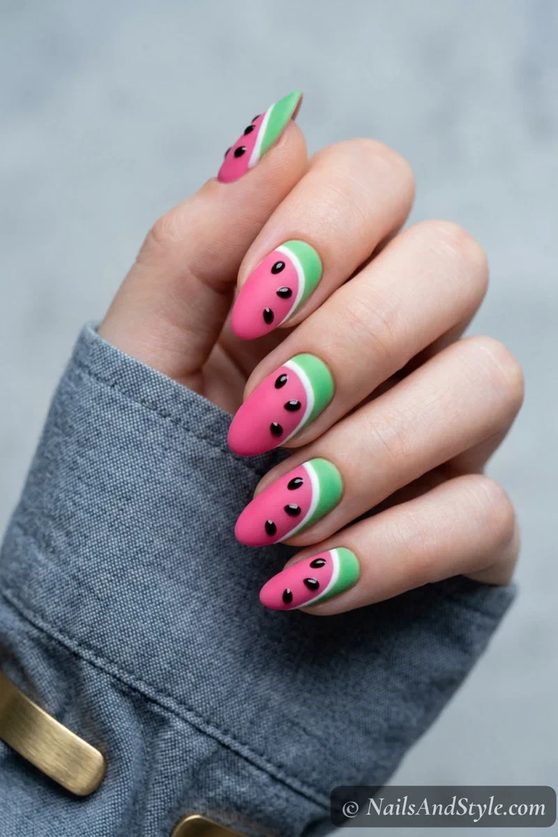 Matte pink and green watermelon nails with contrasting glossy raised black seeds on medium almond nails