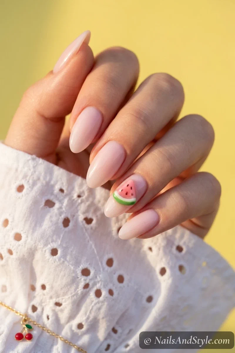 Milky pink nails with one accent nail featuring a small sculpted 3D watermelon wedge charm on medium almond nails