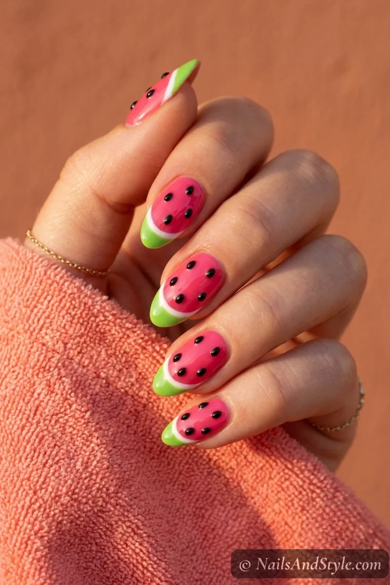 3D watermelon nails with raised glossy black seeds standing up from a hot pink base with green tip on medium almond nails