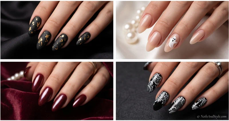Elegant almond nails in matte black with fine gold detail, resting on smooth dark stones with a dark orchid