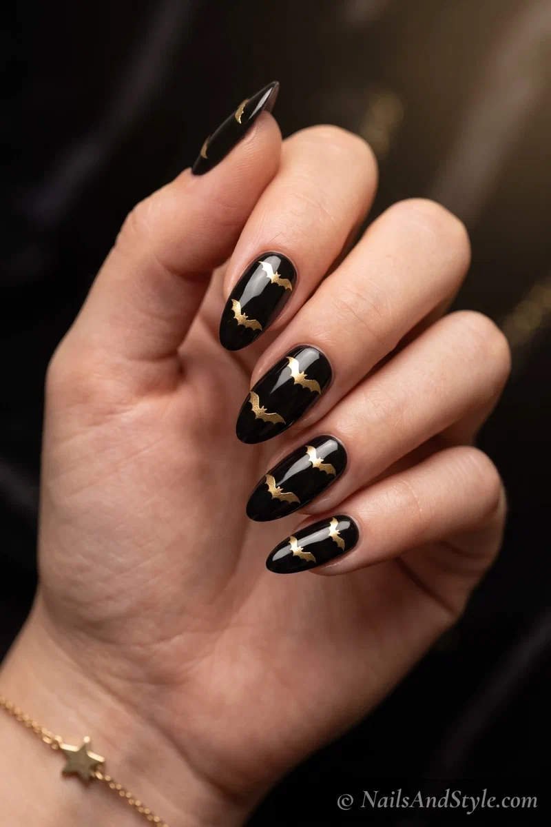 Glossy black almond nails with elegant gold bats