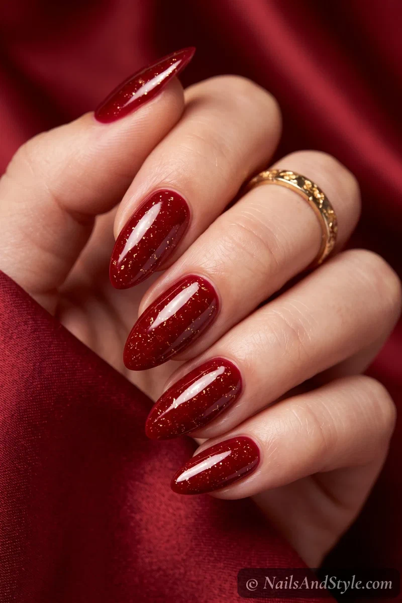 Deep blood red almond nails with scattered gold flecks