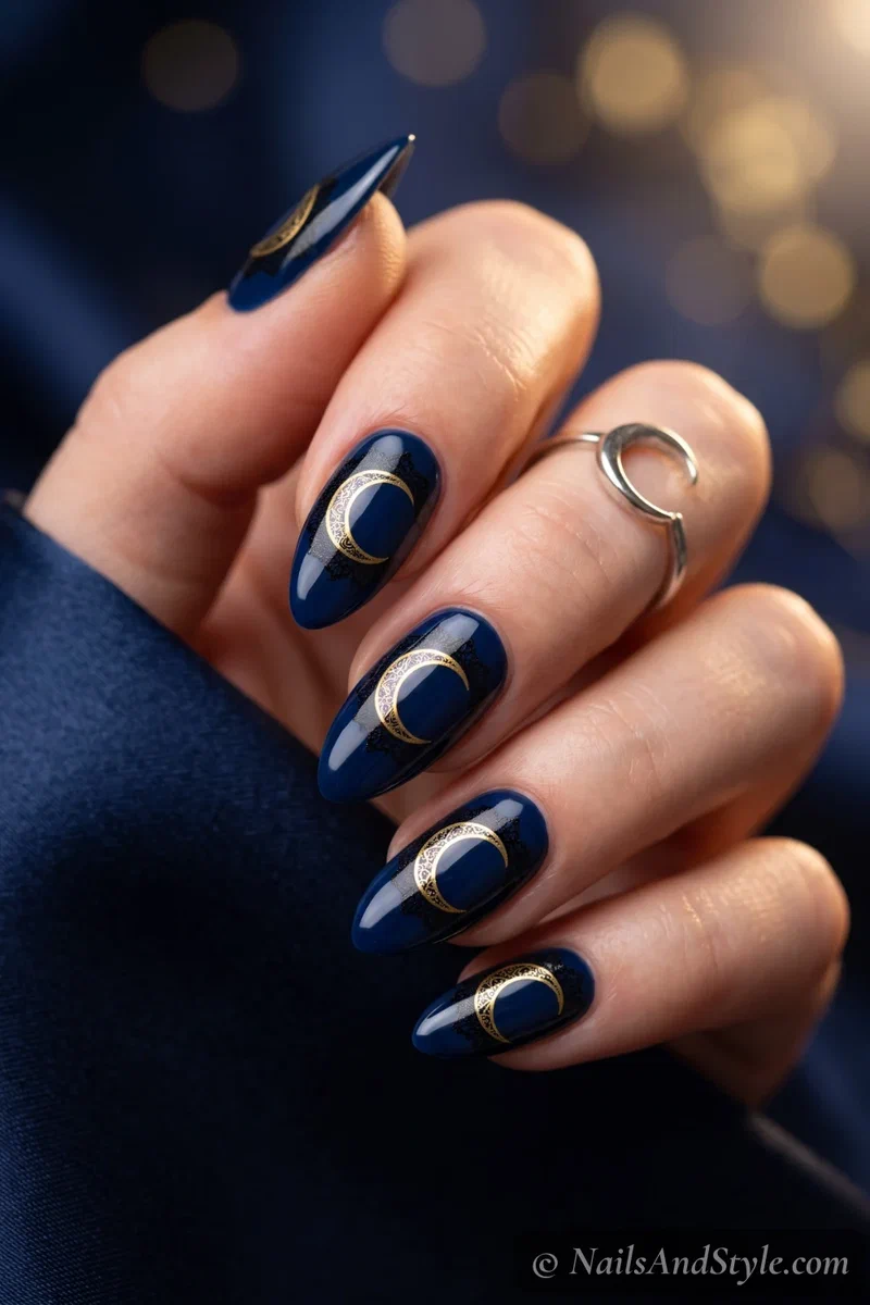 Midnight blue almond nails with a gold moon and black lace