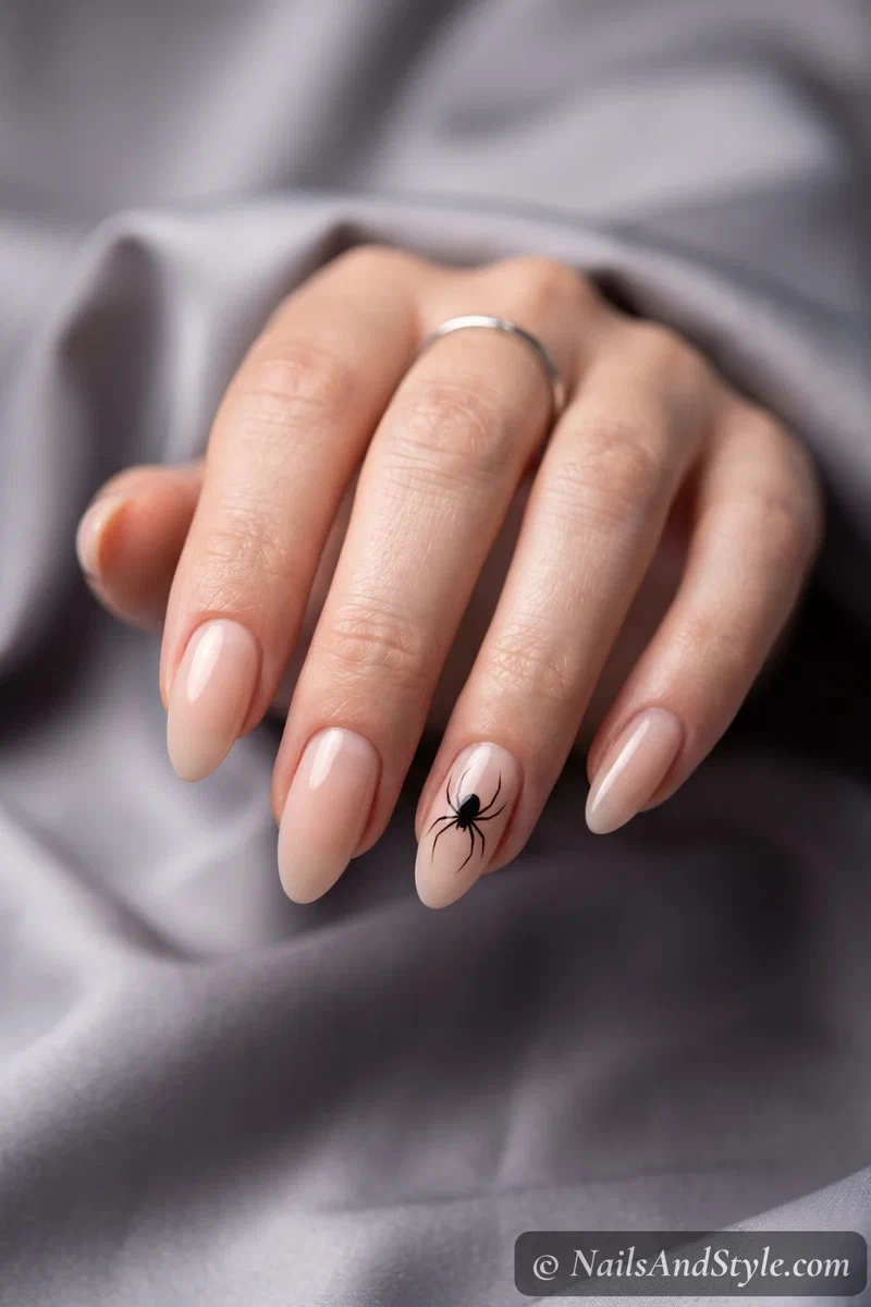Sheer nude almond nails with one fine minimal black spider