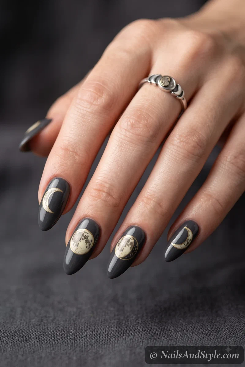 Charcoal almond nails showing the moon phases in cream and gold