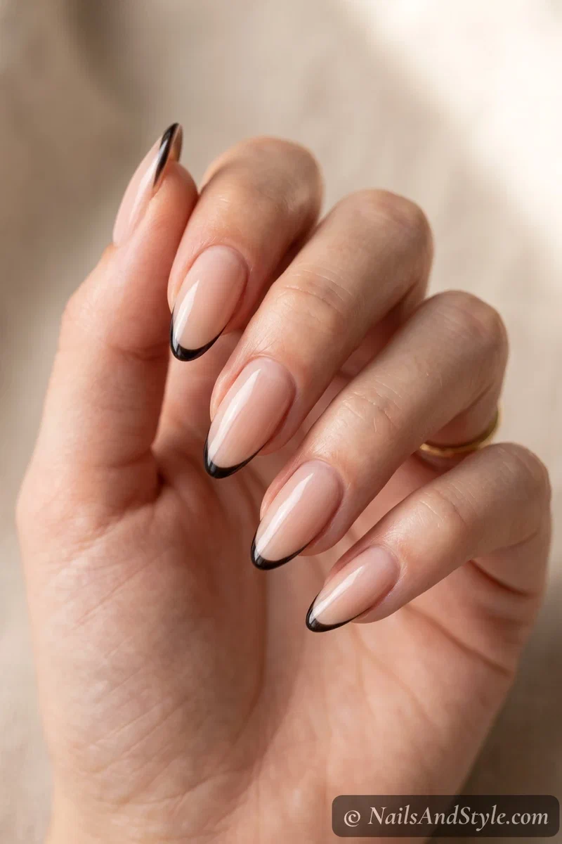 Sheer nude almond nails with a fine black French tip