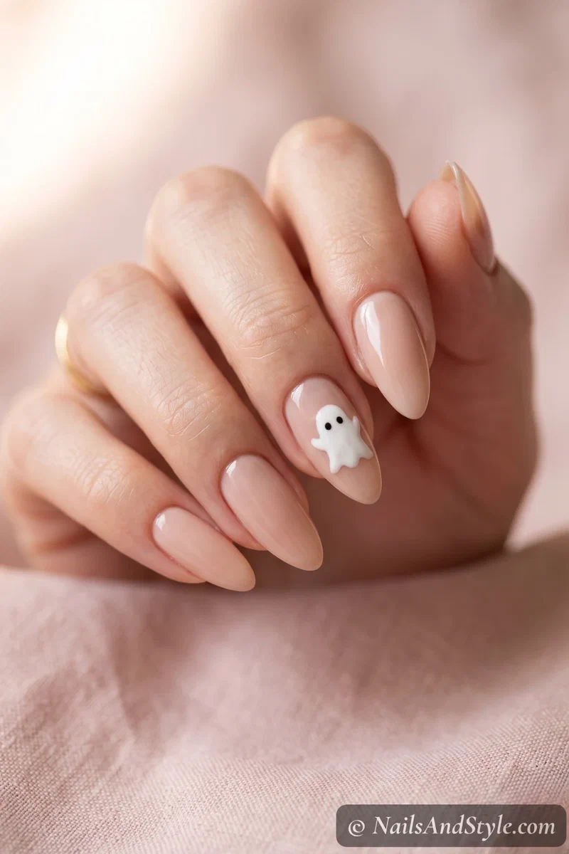 Nude almond nails with one elegant white ghost accent