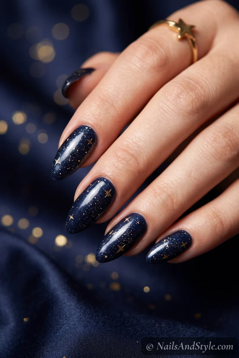 Midnight navy almond nails with scattered gold star dust