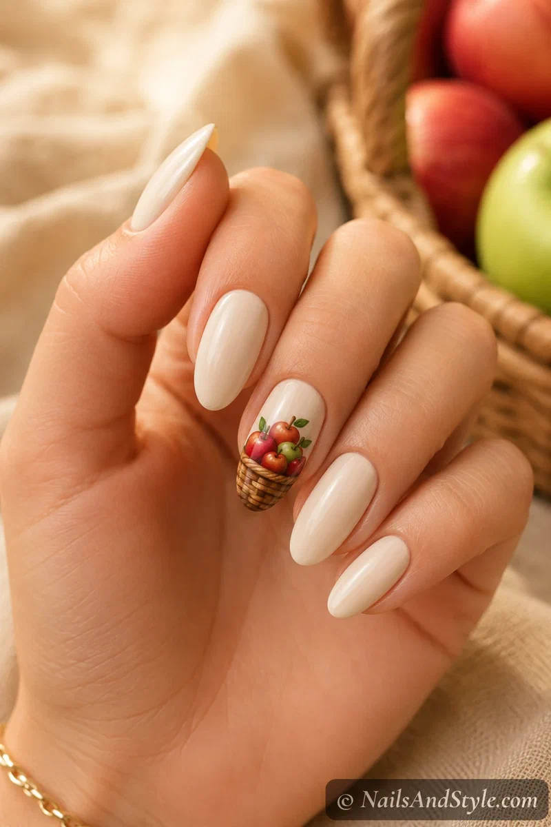 Apple basket accent nails with a woven basket full of tiny apples on one accent nail, medium almond nails