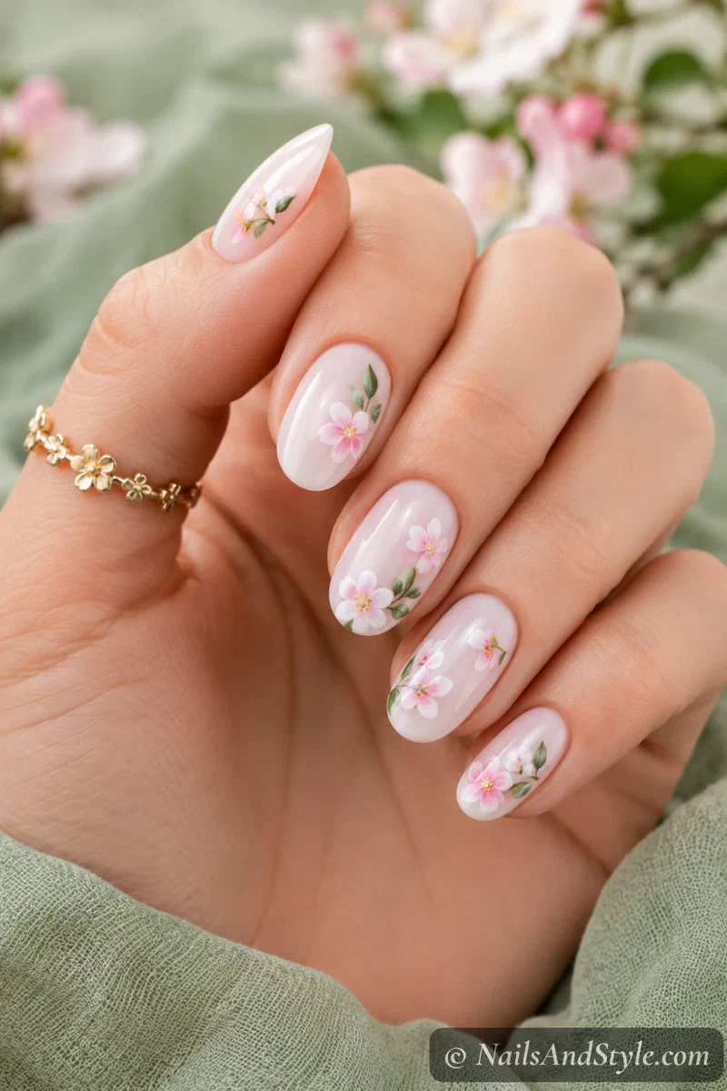 Apple blossom nails with pale pink blossoms and green leaves over a milky base on medium oval nails