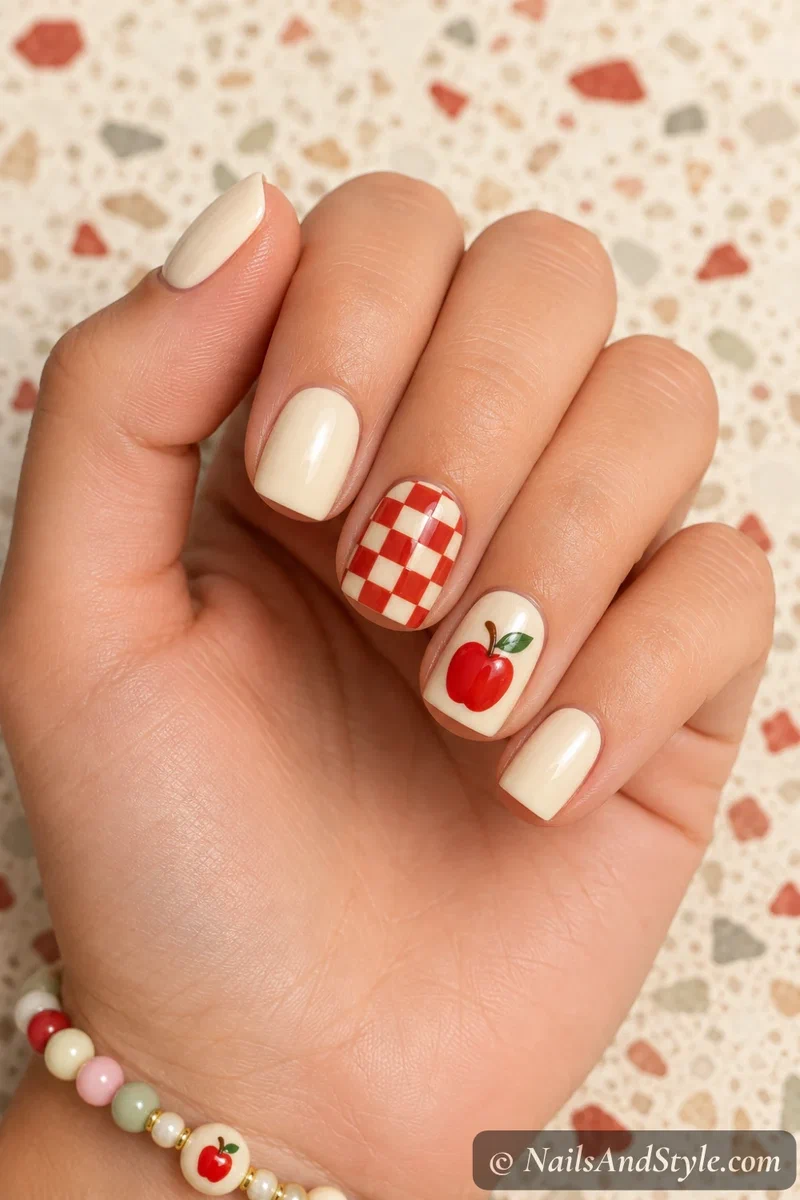 Apple checkerboard nails with a red checkerboard accent and an apple accent over cream nails, short square nails