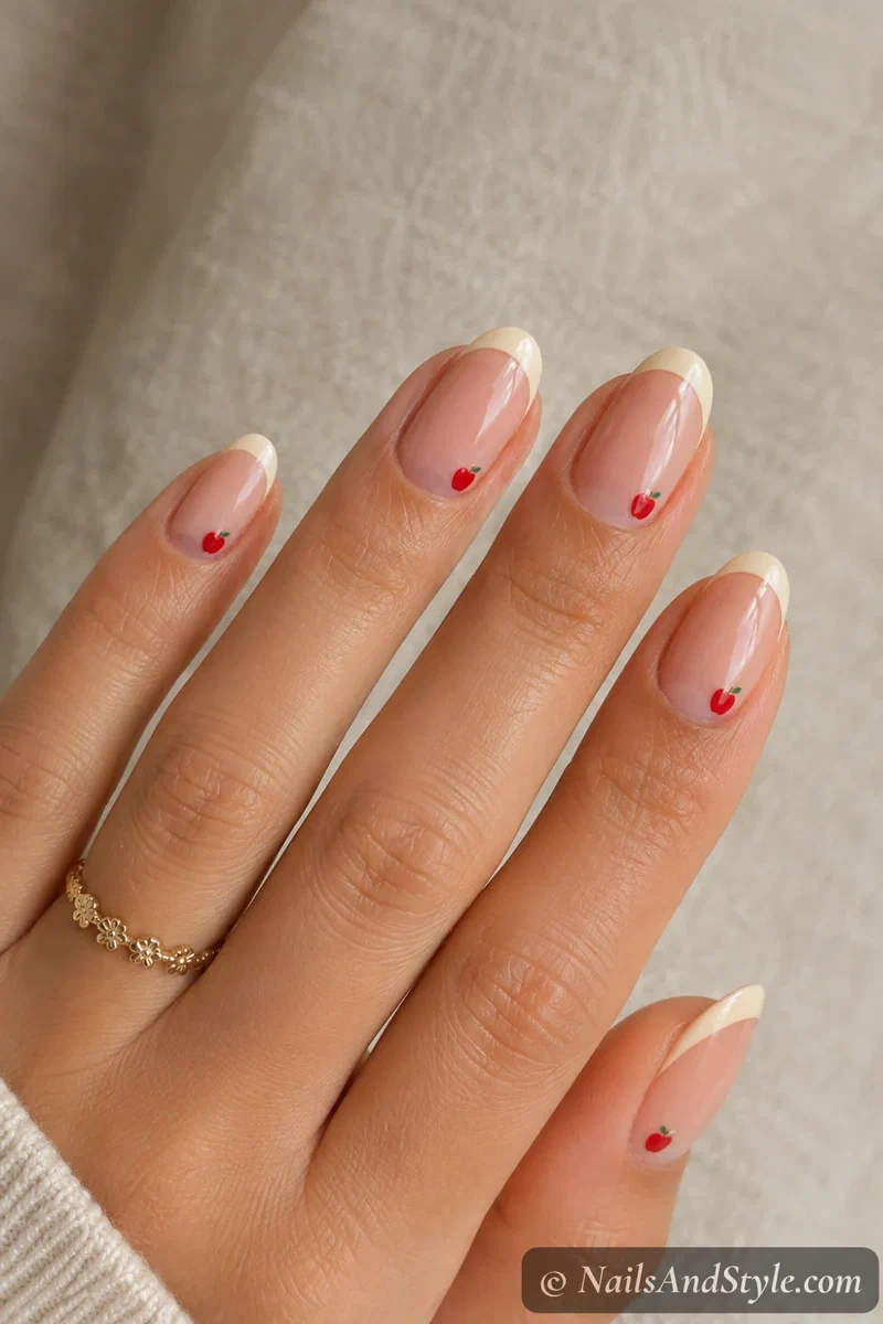 Apple French tip nails with soft tips and a tiny red apple at the corner over a nude base, medium oval nails