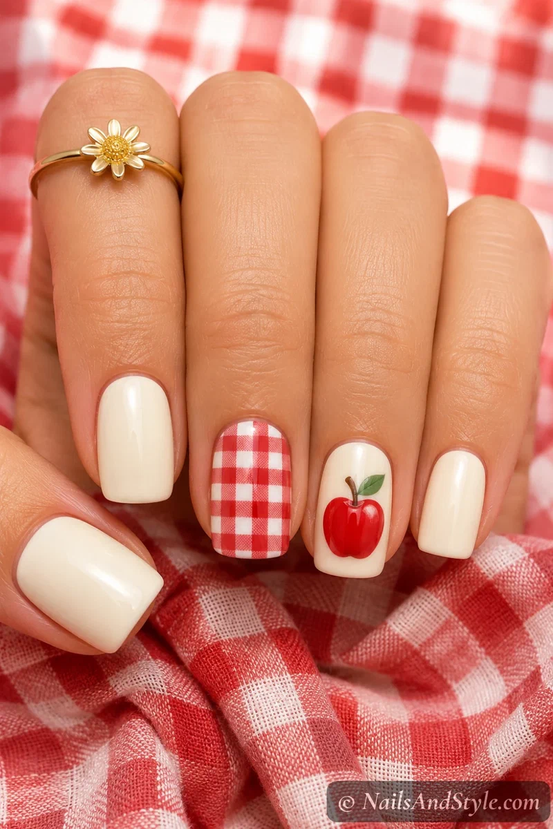 Apple gingham nails with a red gingham accent and a red apple accent over cream nails, short square nails
