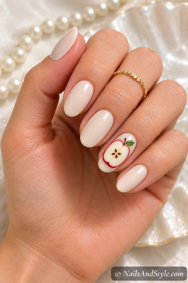 Apple slice accent nails with a cross-section apple slice showing seeds on an accent nail, medium oval nails