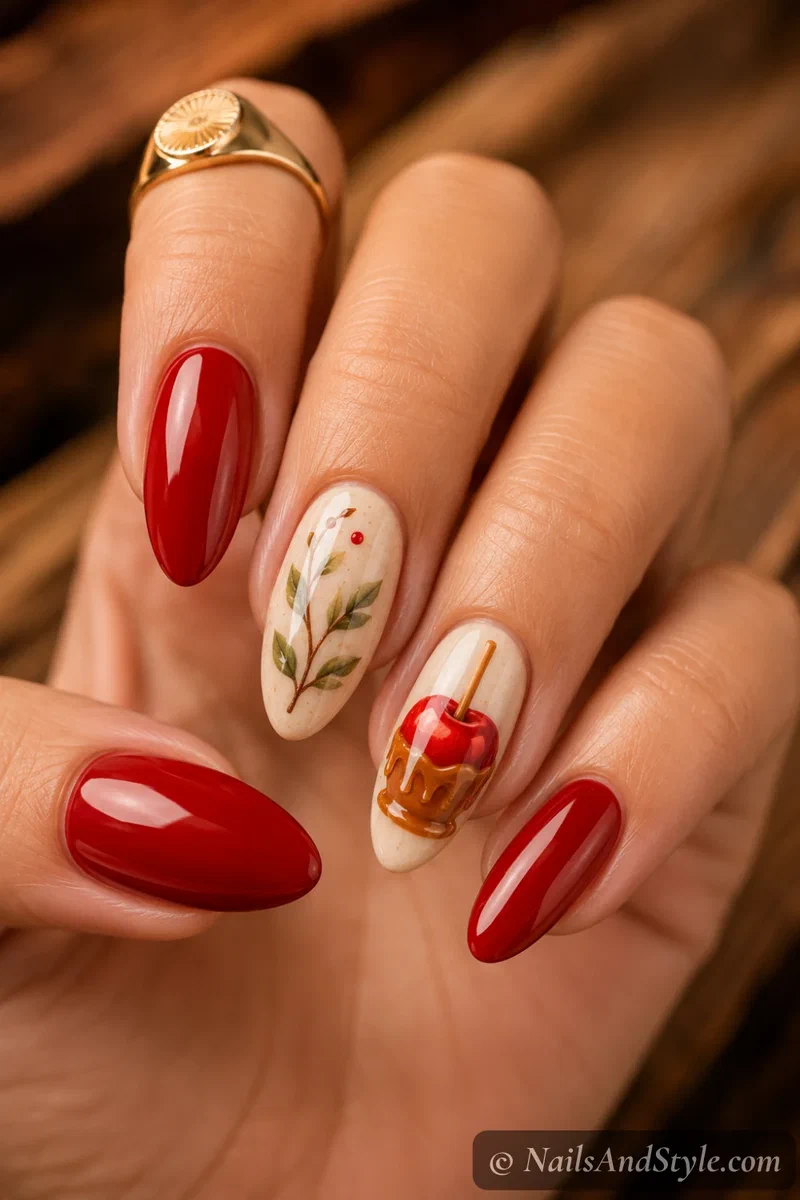 Caramel apple nails with a red apple dipped in glossy caramel with drizzle on an accent nail, medium almond nails