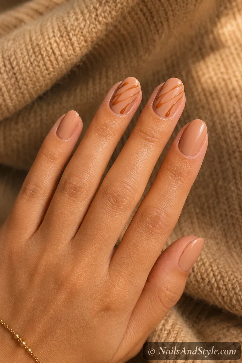 Caramel drizzle nude nails with thin caramel drizzle lines over a warm nude base on medium oval nails