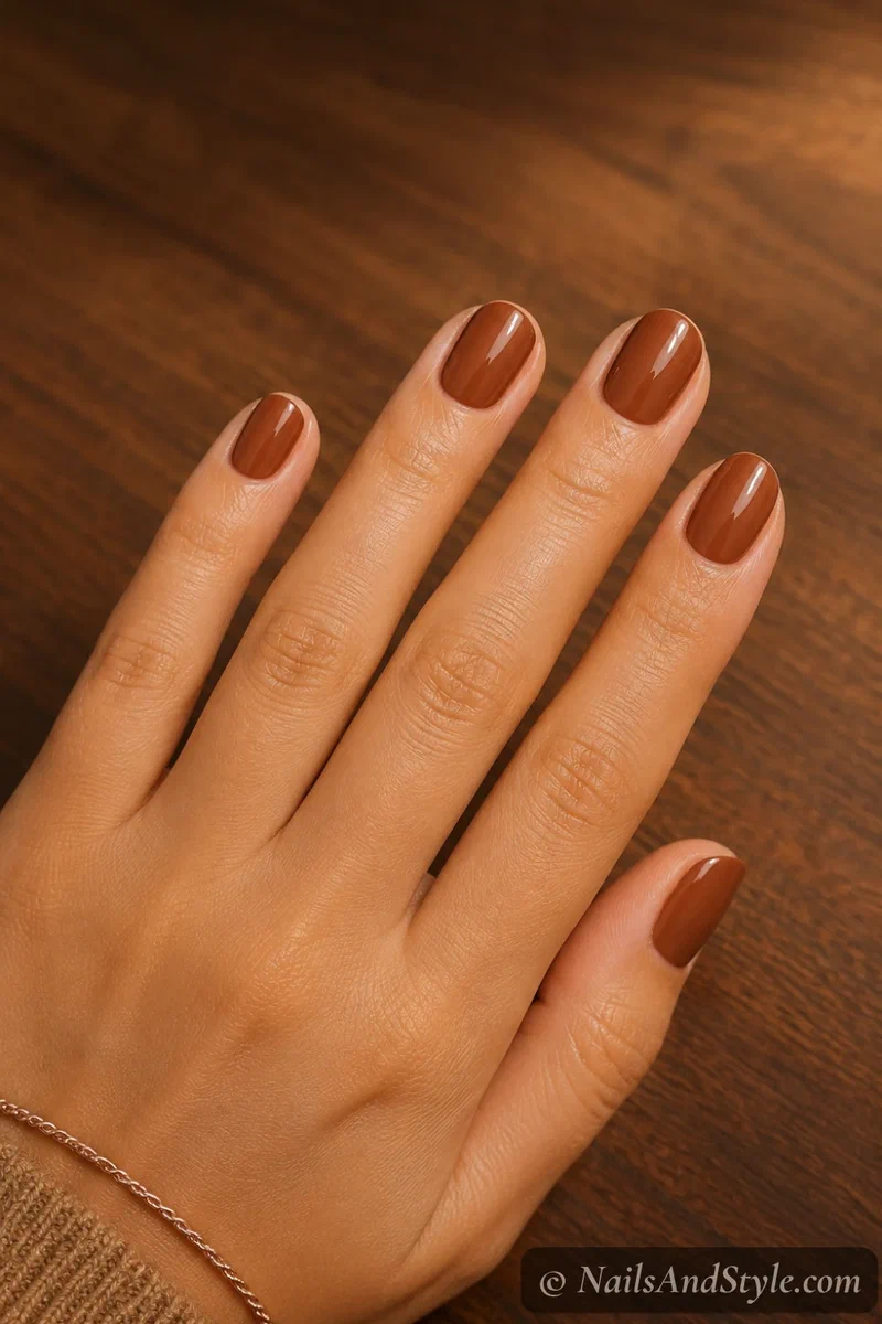 Cinnamon cider brown nails with a warm spiced brown and glossy finish on short oval nails