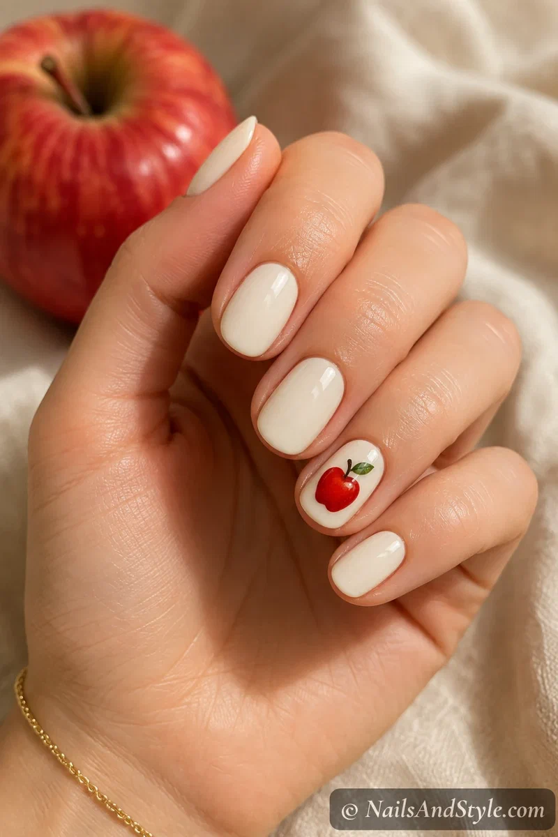 Classic red apple accent nails with a little red apple and green leaf on a cream accent nail, short round nails