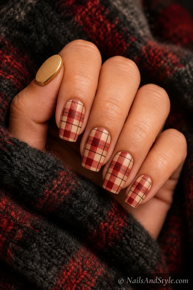 Cozy flannel plaid nails with a red and cream flannel plaid pattern on medium squoval nails