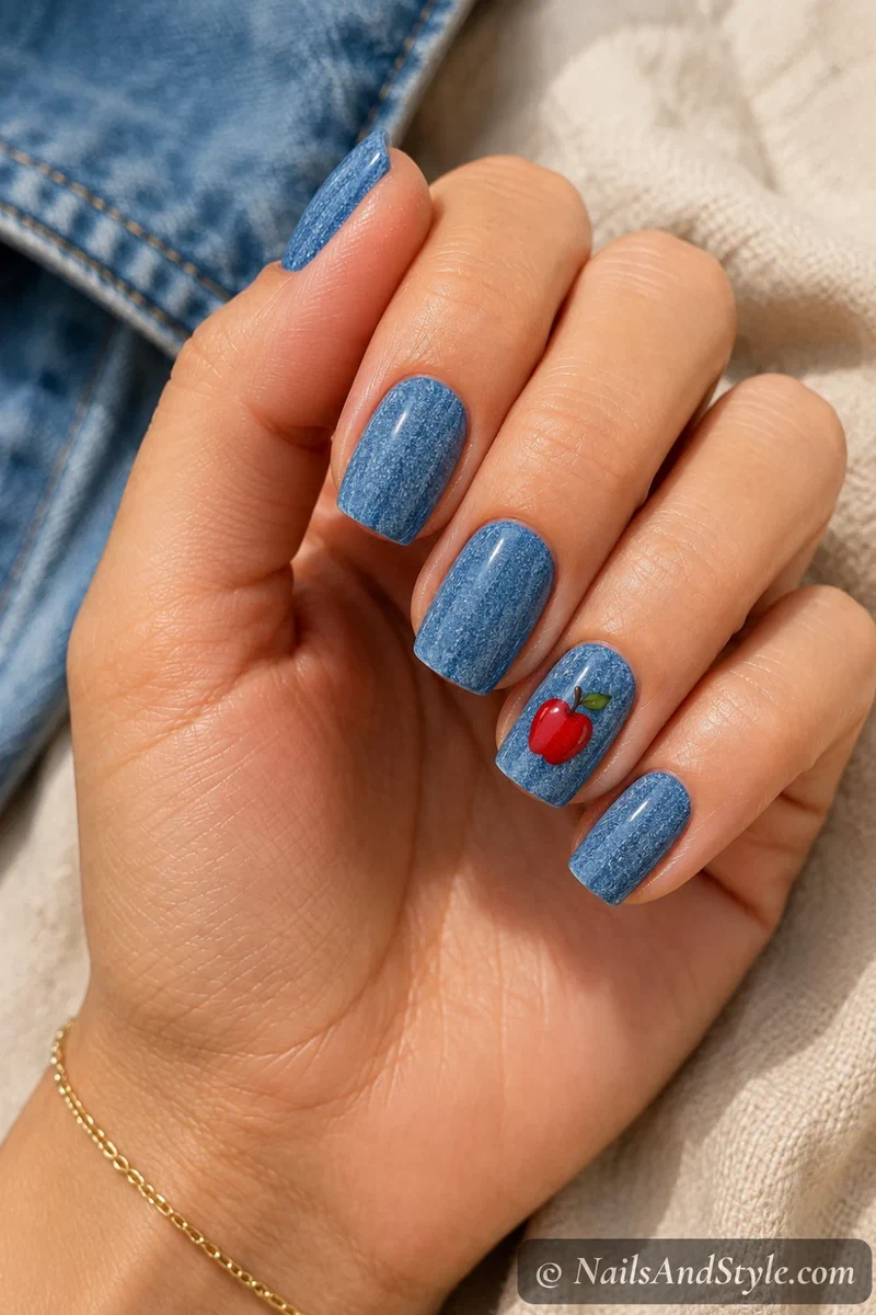 Denim and apple nails with a red apple over a washed denim blue base on medium squoval nails