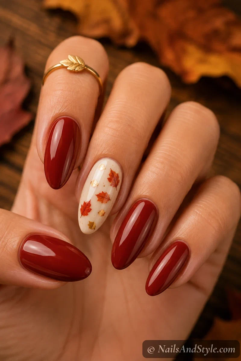 Falling leaves accent nails with tiny red, orange, and gold autumn leaves over a cream base on medium almond nails
