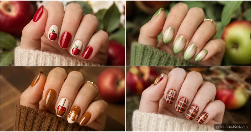 Collage of four apple picking nail looks — classic red apple accent, green apple ombre, caramel apple, and cozy orchard plaid