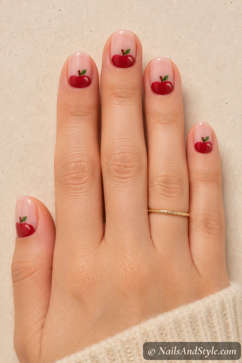 Half apple tip nails with half a red apple rising from each tip over a nude base on short oval nails