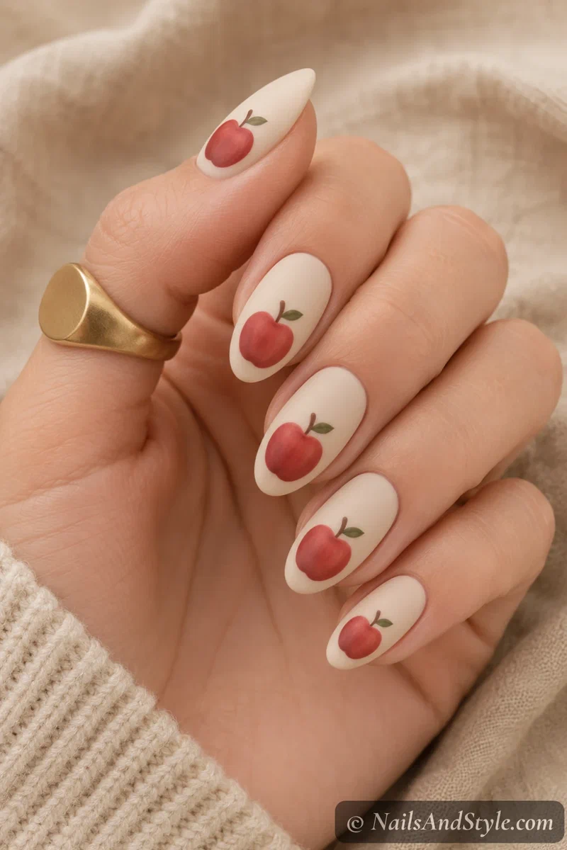 Matte apple nails with a red apple under a soft matte finish over a cream base on medium almond nails