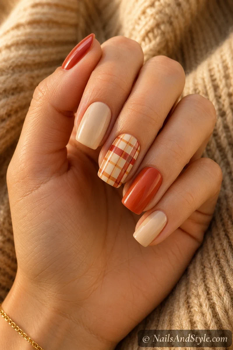 Orchard plaid nails with red, mustard, and cream plaid over a warm base on medium squoval nails