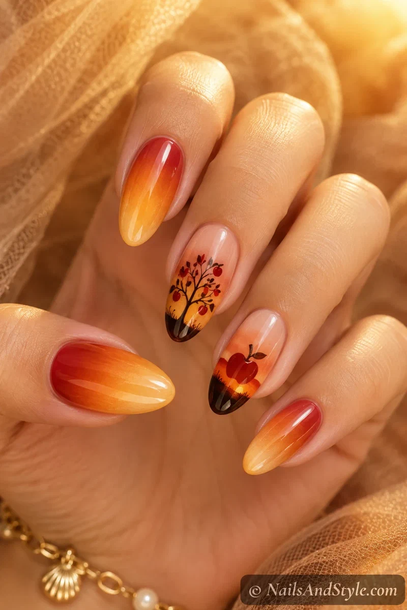 Orchard sunset nails with an apple over a warm amber to gold sunset gradient on medium almond nails