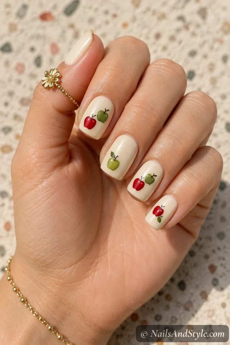 Red and green apple mix nails with red apples on some nails and green apples on others over a cream base, short square nails
