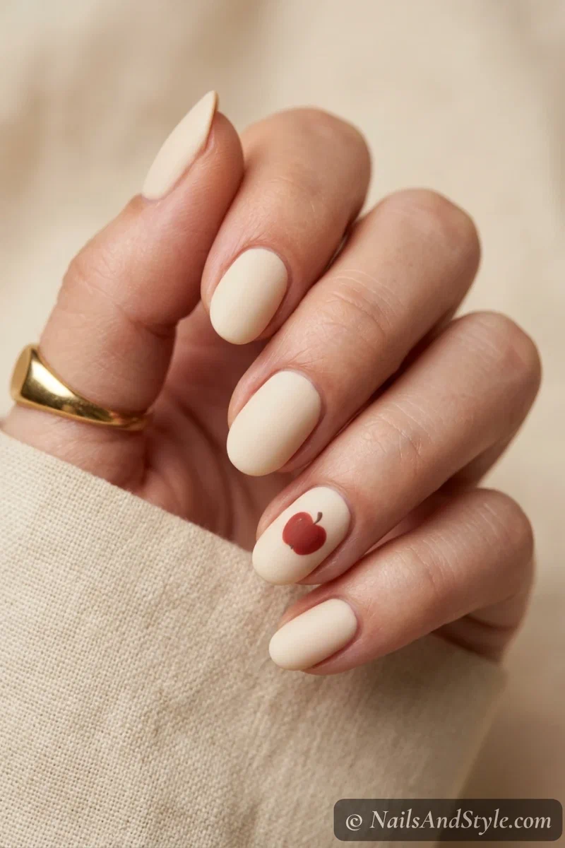 Rustic cream apple nails with a small matte red apple over a warm cream base on short oval nails