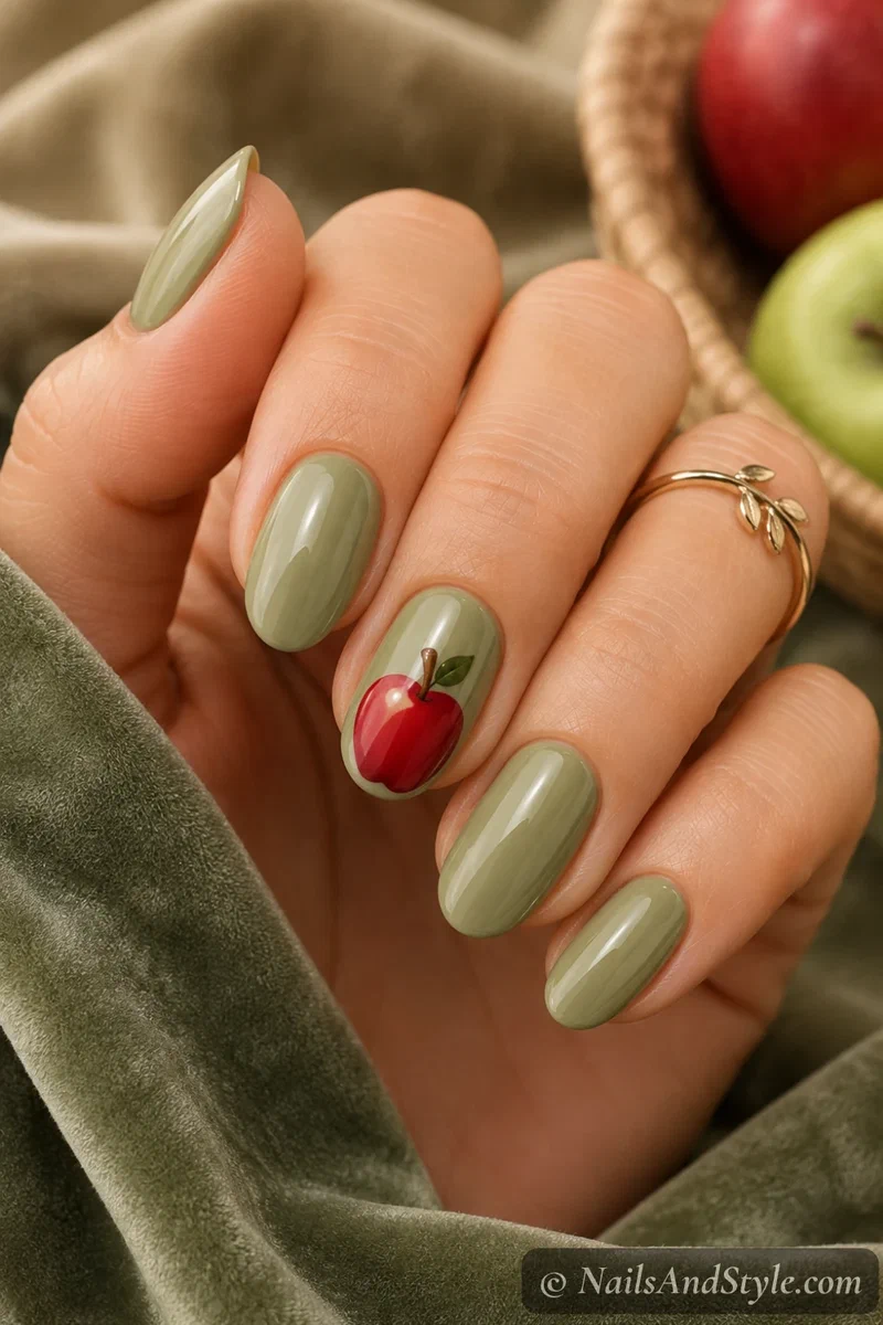 Sage and red apple nails with a red apple over a muted sage green base on medium oval nails