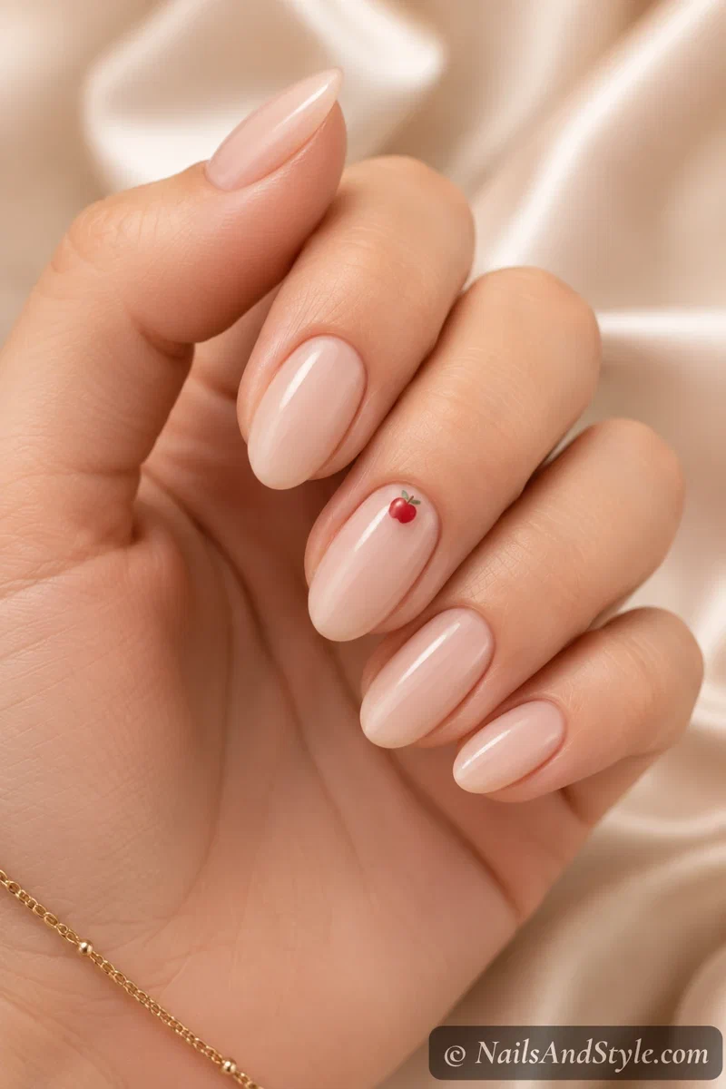 Tiny apple cuticle nails with a small red apple near the cuticle of an accent nail over a nude base, short almond nails