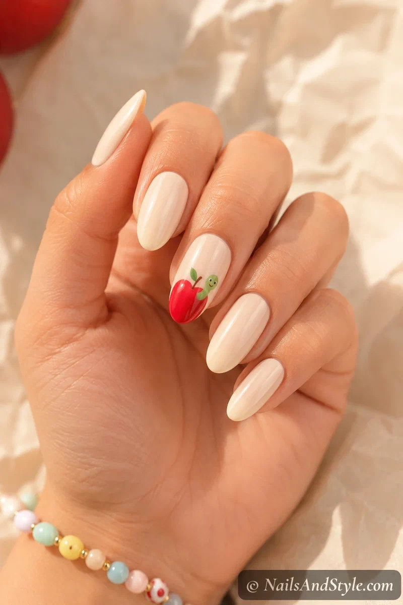 Worm in apple nails with a red apple and a tiny green worm poking out on an accent nail, medium almond nails