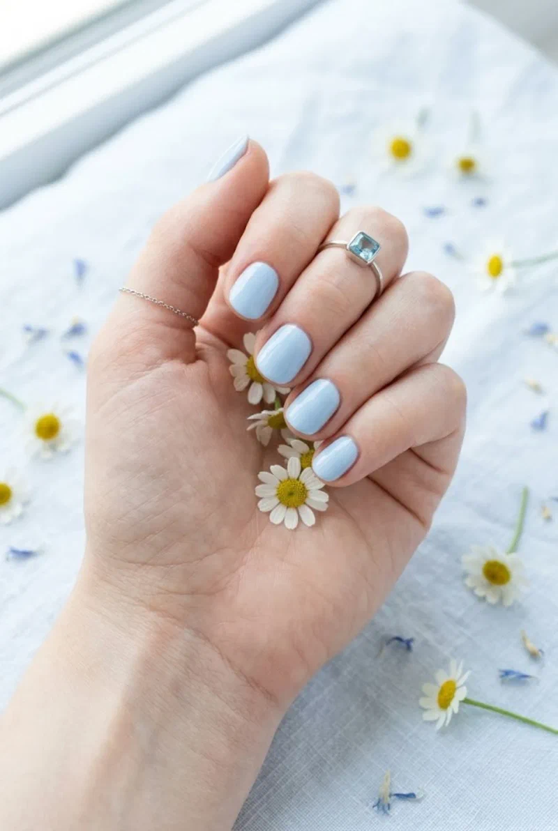 Baby blue nail polish on short round nails