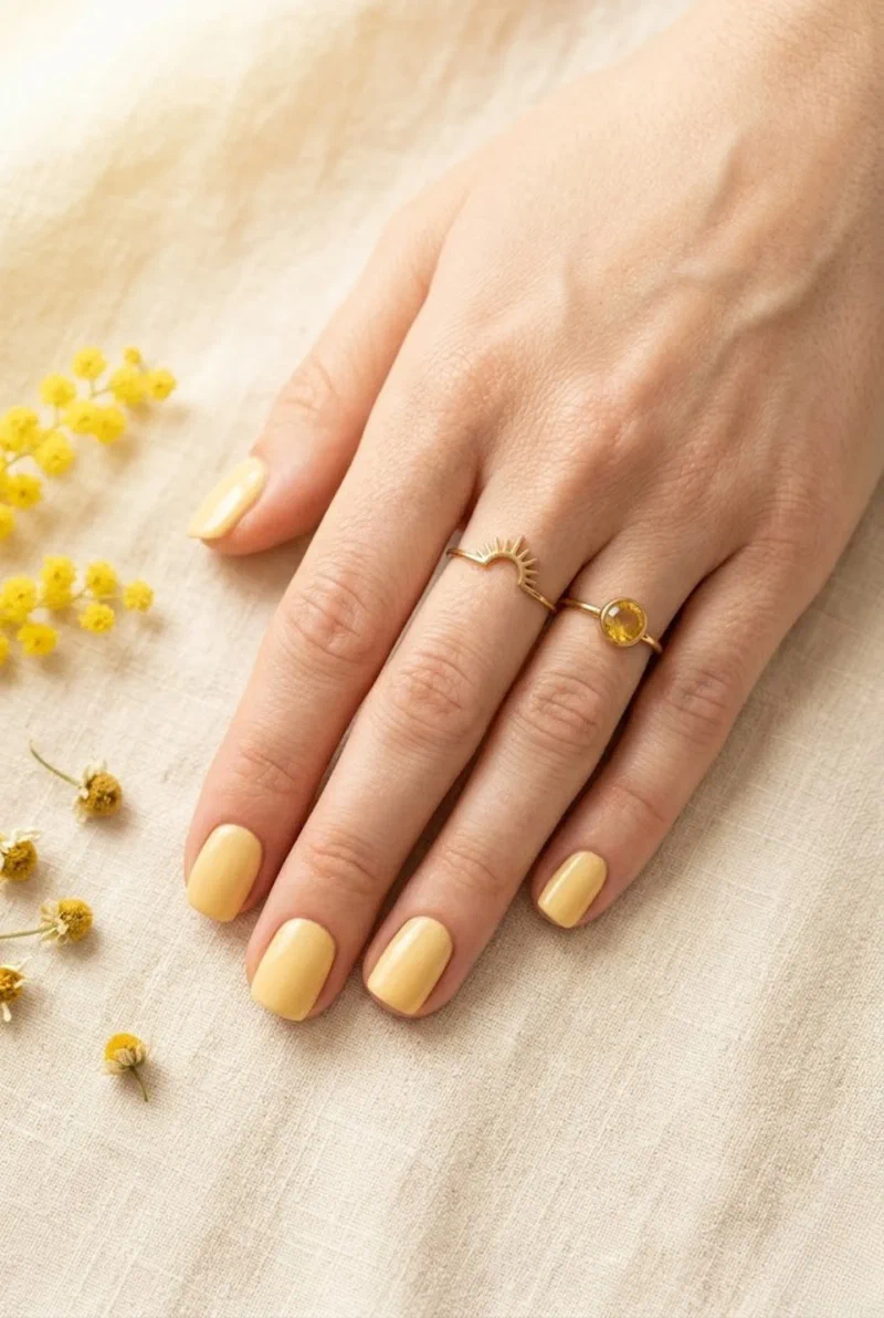 Butter yellow creamy nail polish on short squoval nails