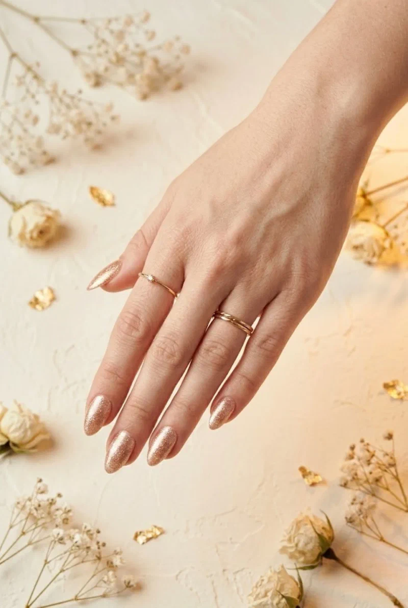 Champagne shimmer nail polish on almond nails