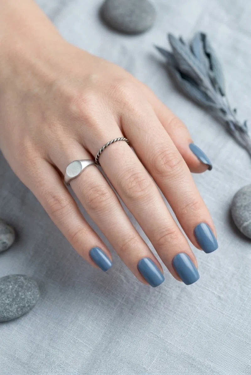 Muted denim blue nail polish on squoval nails