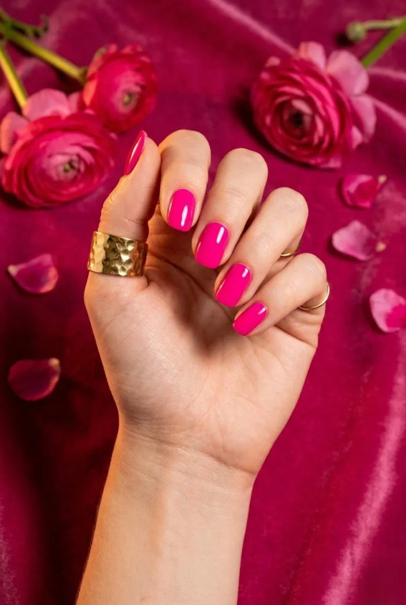 Fuchsia bright pink nail polish on short nails