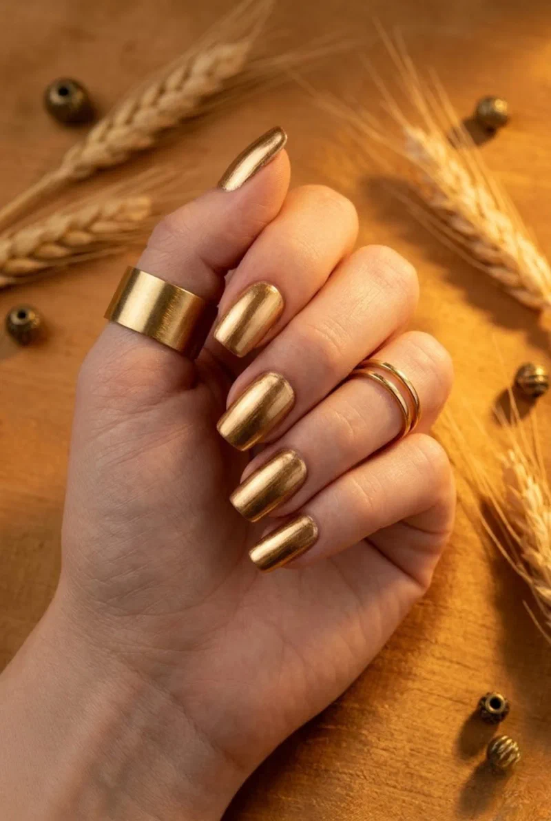 Liquid gold metallic nail polish on medium nails with stacked rings