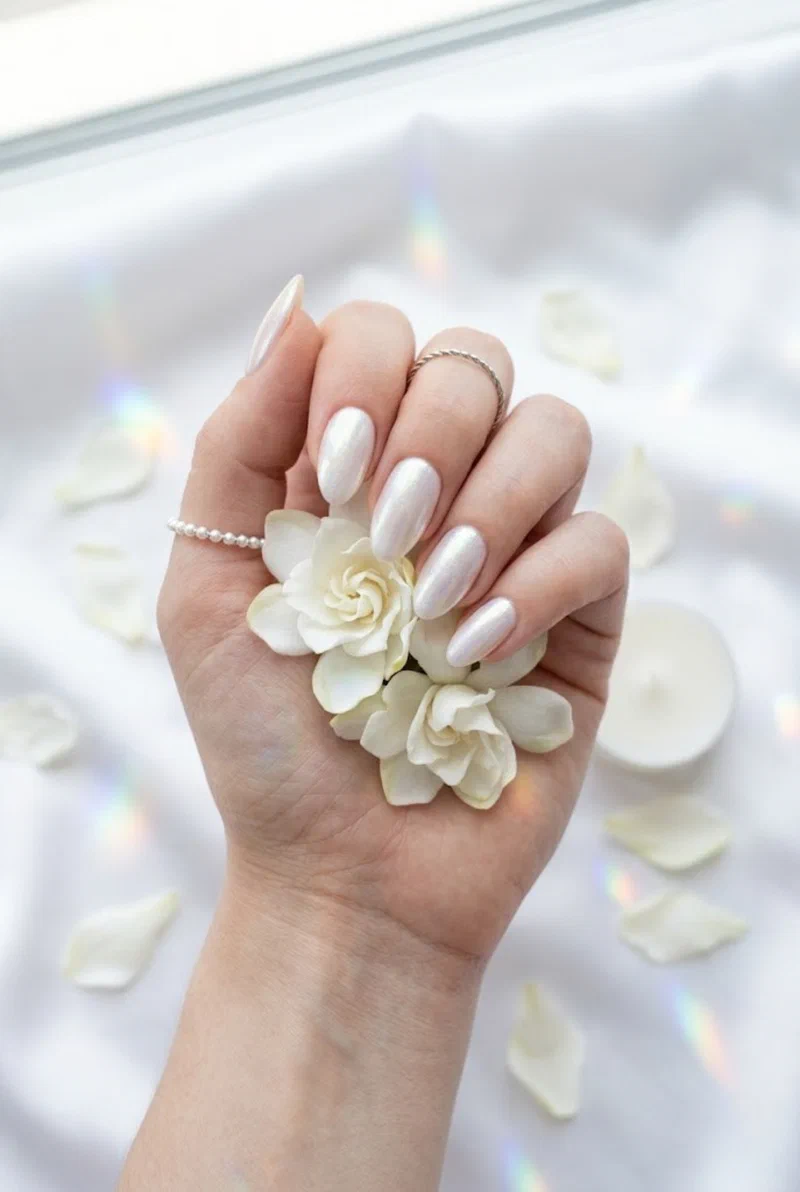 Pearl white shimmer nails on medium almond nails
